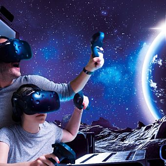 Father and Son with VR Glasses in Space