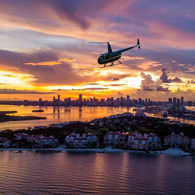 Helicopter at Sunset with Skyline View at Sunset